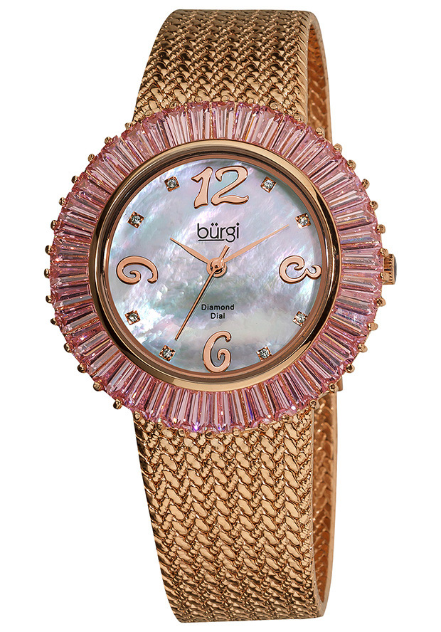 Burgi Faceted Crystal Bezel Mother of Pearl Dial Ladies Watch BUR076PK