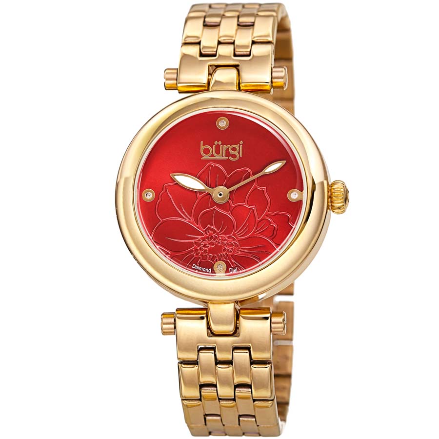 Burgi Flower Marker Quartz Diamond Red Dial Ladies Watch BUR223YGR
