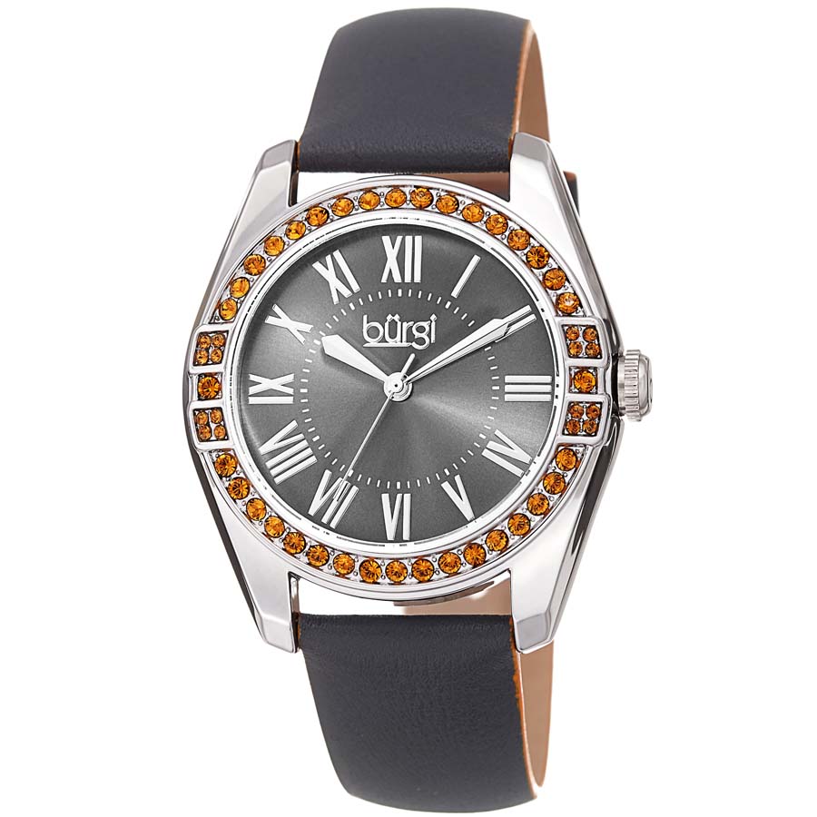 Burgi Grey Dial Grey Leather Ladies Watch BUR206GY