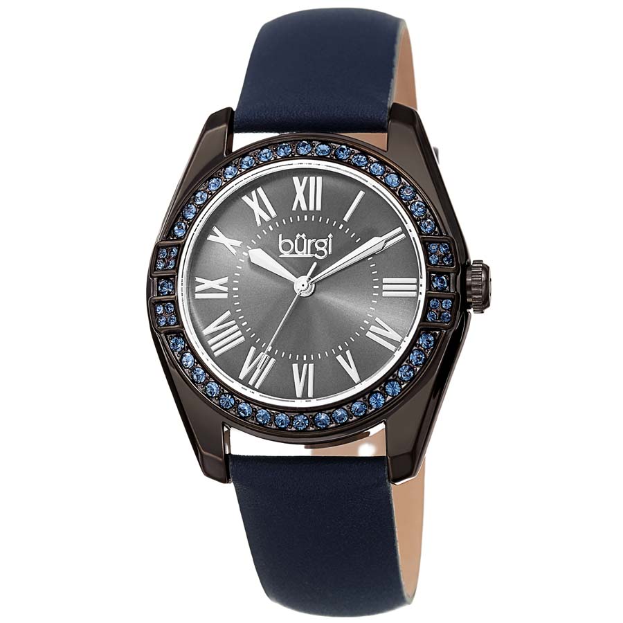 Burgi Gunmetal Grey Dials Blue Leather Ladies Watch BUR206BU