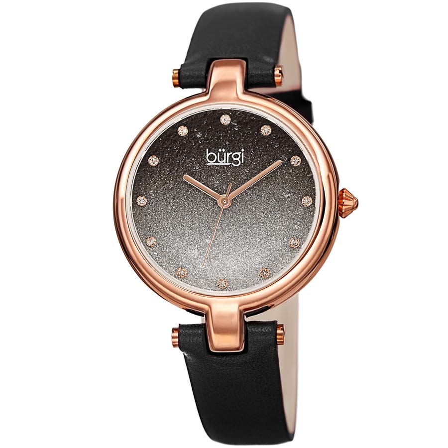 Burgi Ladies Glitter Ombre Swarovski Crystal Dial Black Leather Strap Watch BUR225BK