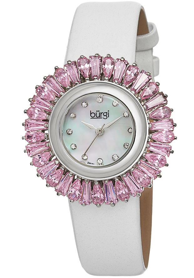 Burgi Mother of Pearl Dial Pink Baguette Crystal Bezel Ladies Watch BUR092PK