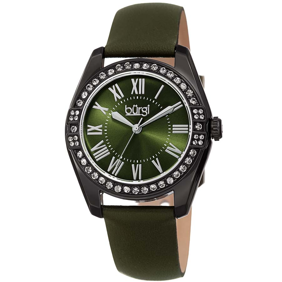 Burgi Olive Green Dial Black Leather Ladies Watch BUR206GN