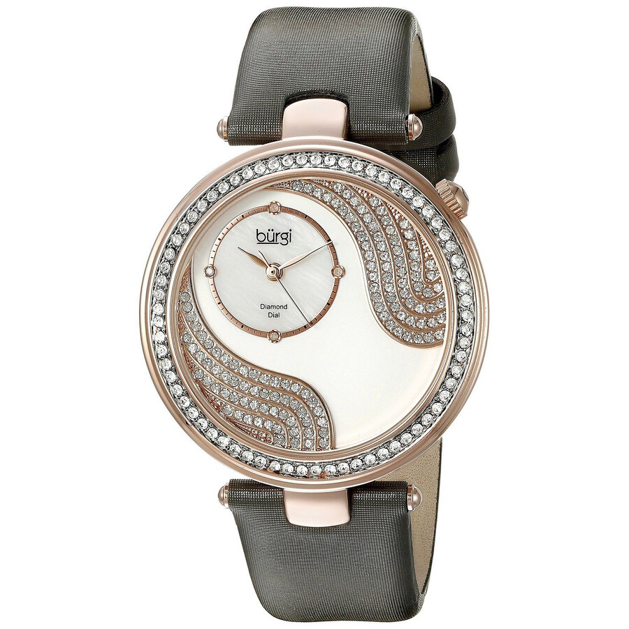 Shop Burgi Pave Design Crystal Mother Of Pearl Dial Ladies Watch Bur155gy In Gold Tone / Grey / Mop / Mother Of Pearl / Rose / Rose Gold Tone / White