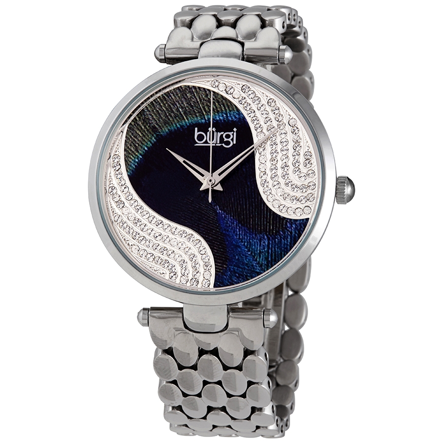 Burgi Peacock Feather Dial Stainless Steel Ladies Watch 