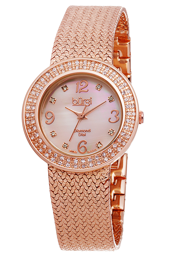 Burgi Pink Mother of Pearl Diamond Dial Ladies Watch BUR097RG