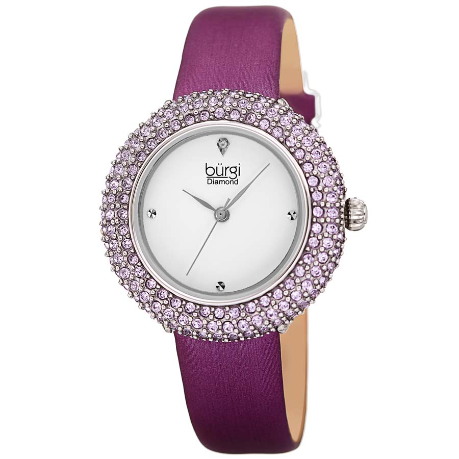 Burgi Quartz Crystal Silver Dial Purple Satin Ladies Watch BUR227PU