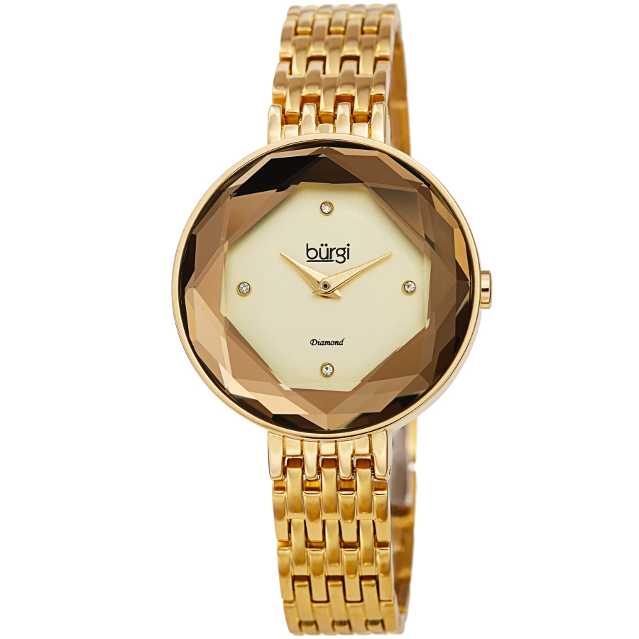 Burgi Quartz Faceted Crystal Bezel Diamond Ladies Watch BUR253YG