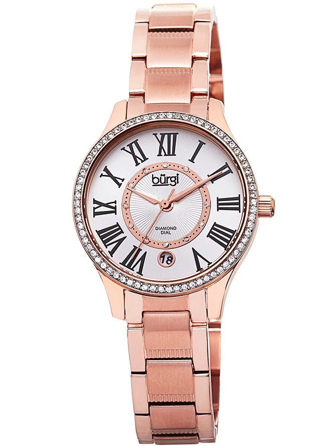 Burgi Rose Gold-Tone Stainless Steel Silver-Tone Diamond Dial Ladies Watch BUR090RG