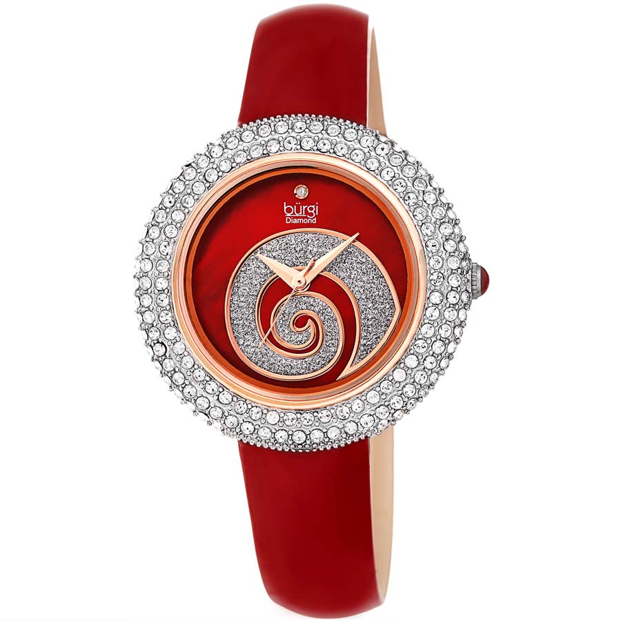 Burgi Swirl Diamond Red Dial Red Leather Ladies Watch BUR209RD