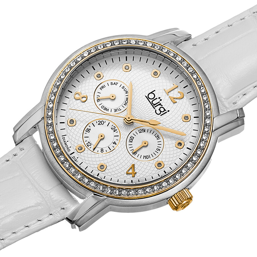 Burgi White Dial White Leather Strap Ladies Watch BUR083YGW Burgi