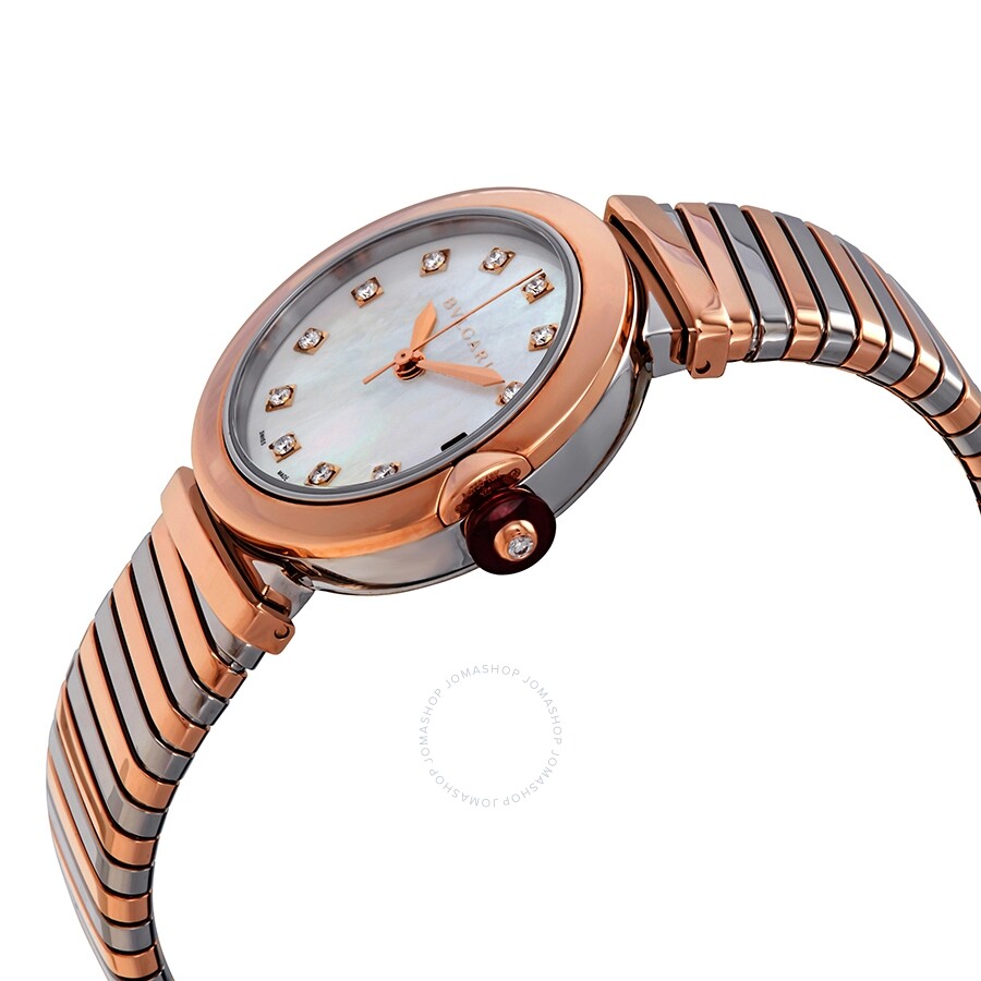 Shop Bvlgari Lvcea Tubogas Mother Of Pearl Diamond Dial Ladies Watch 102954 In Gold / Mother Of Pearl / Pink / Rose / Rose Gold