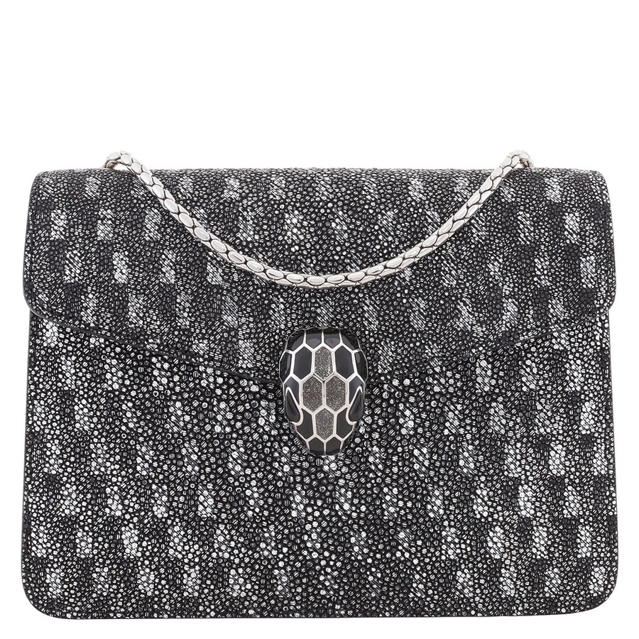 Bvlgari Serpenti Forever Crossbody Bag In Black And Silver Geometric Galuchat In Black
