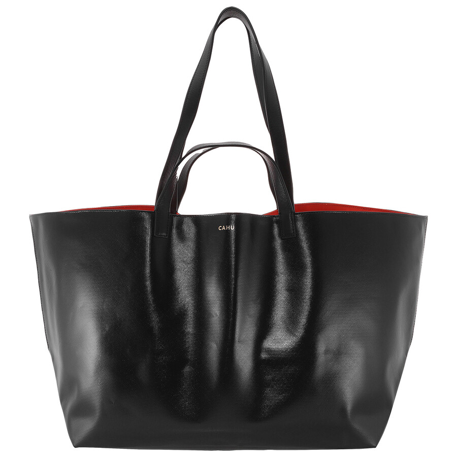 Cahu Pratique Medium Black-orange Pvc Canvas Tote In Black