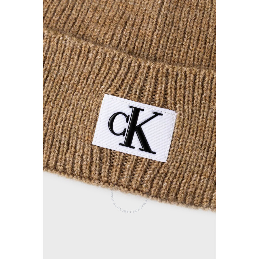 Calvin Klein Ck Seasonal Patch Beanie In Travertine