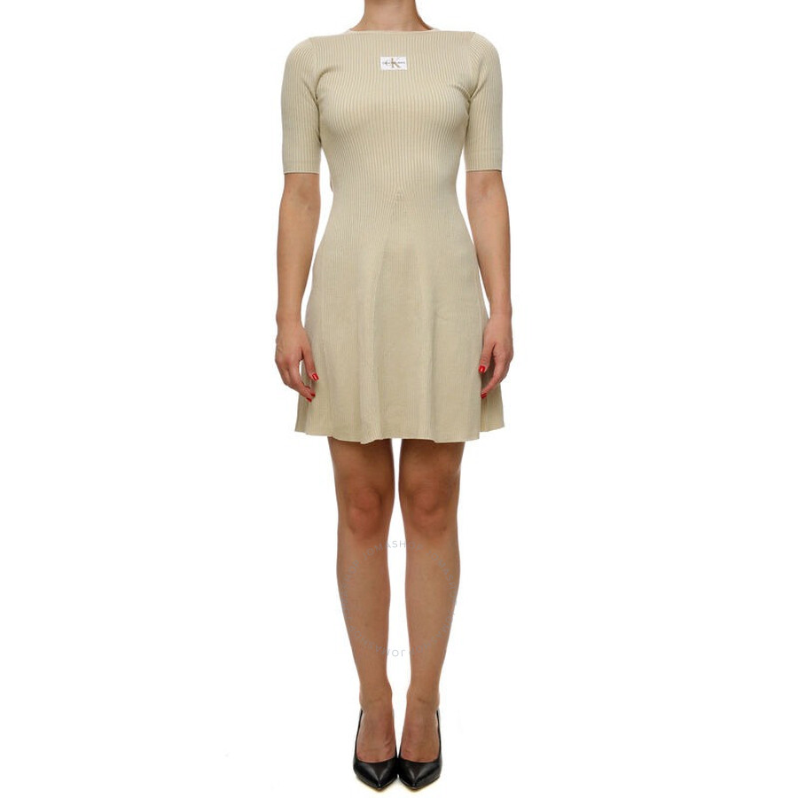 Calvin Klein Logo Print Ribbed Dress In Beige