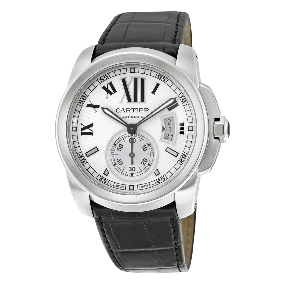 Cartier 42 mm Calibre De Cartier Silver Dial Black Leather Men's