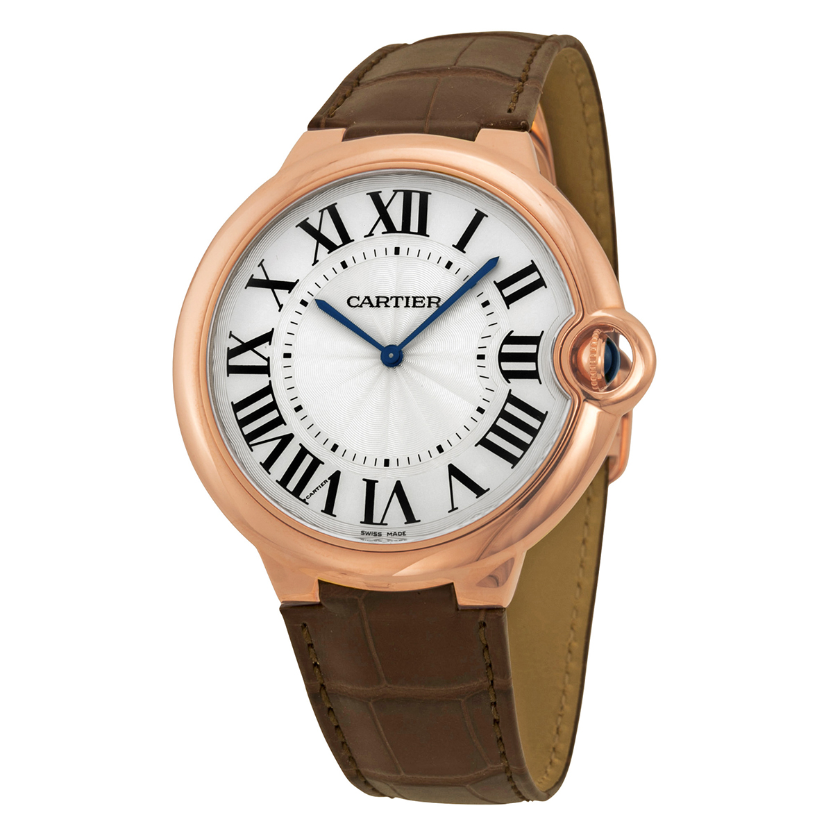 Cartier Ballon Bleu Extra Large Silver Dial 18kt Rose Gold Leather Men's Watch W6920054