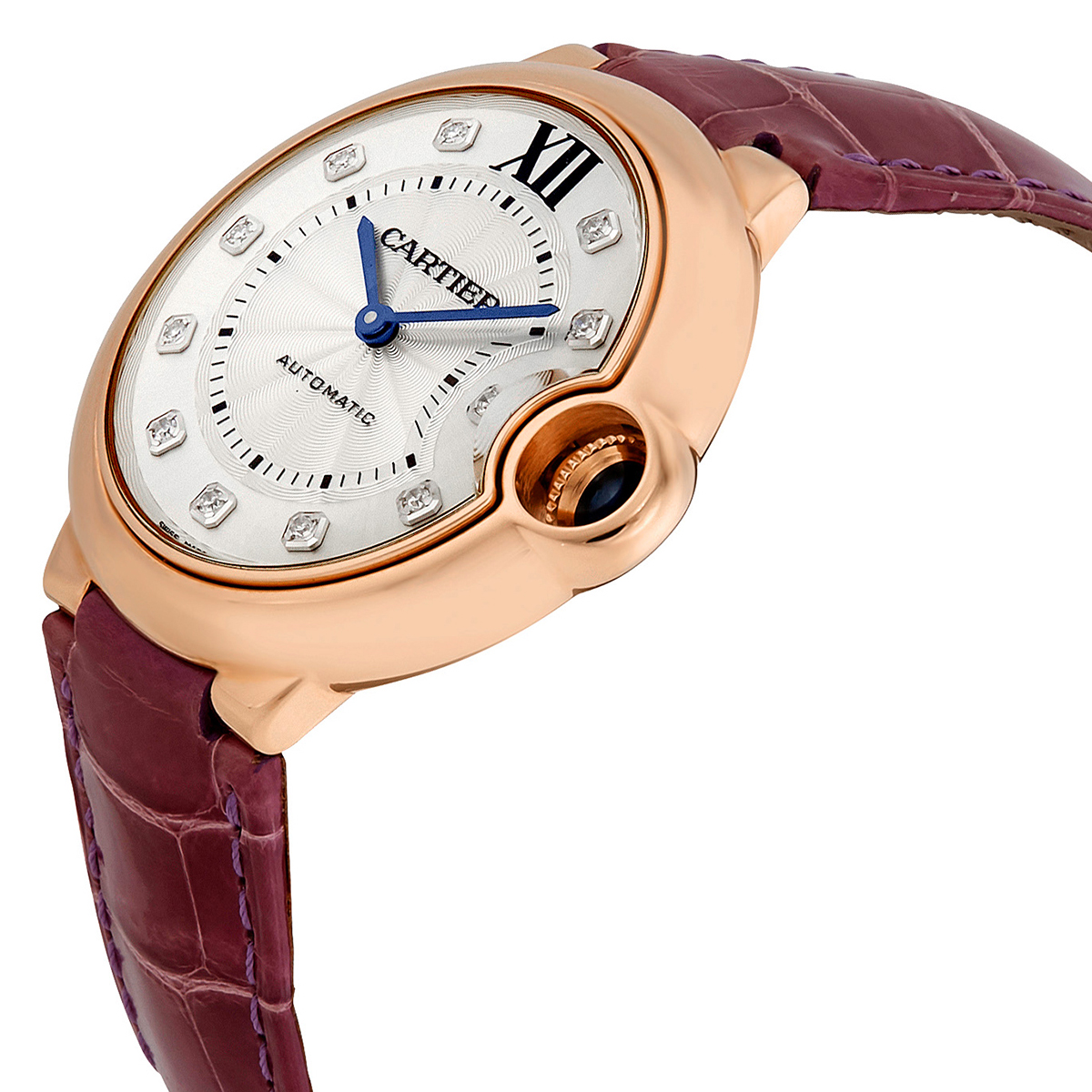 Cartier Ballon Bleu Silver Dial 18kt Rose Gold Purple Leather Unisex Watch WE902028