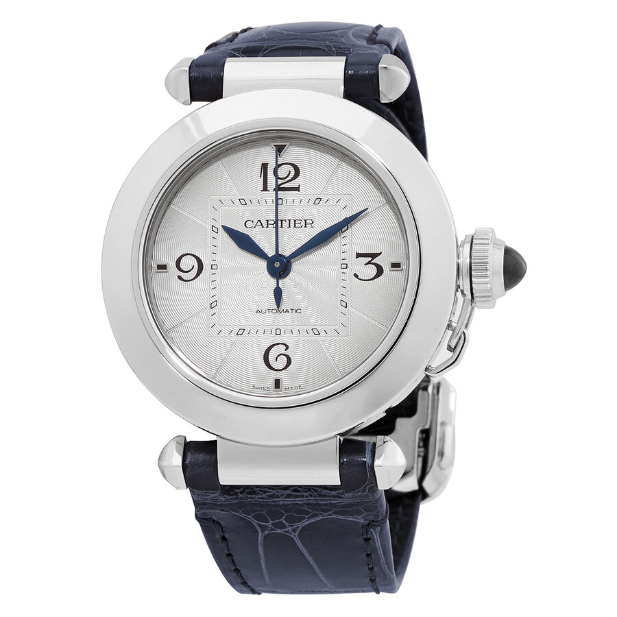 Shop Cartier Pasha Automatic Silver Dial Black Leather Watch Wspa0012 In Black / Blue / Silver