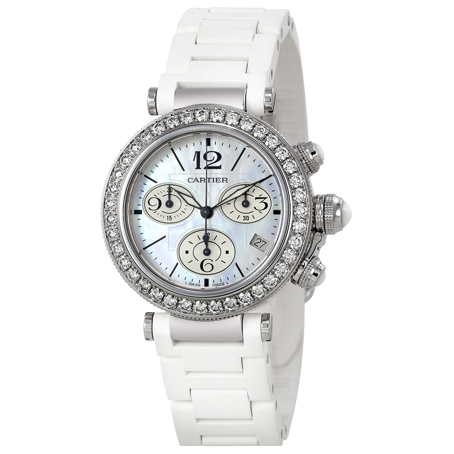 Cartier Pasha Seatimer 18kt White Gold Chronograph Mother of Pearl Dial Ladies Watch WJ130003