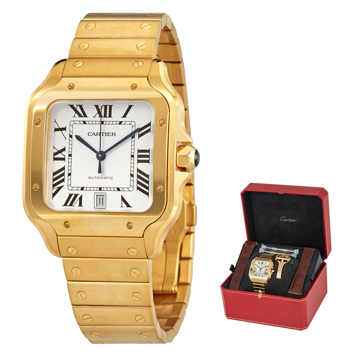 Santos Automatic White Dial 18kt Yellow Gold Men's Watch