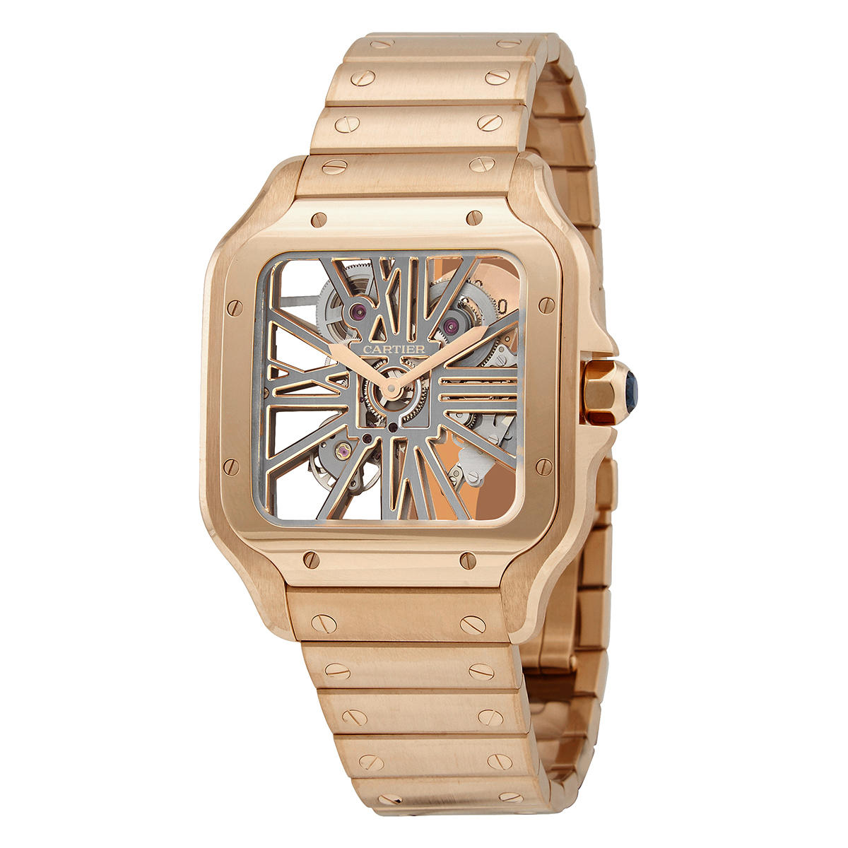 Santos Hand Wind 18kt Rose Gold Skeleton Dial Men's Watch