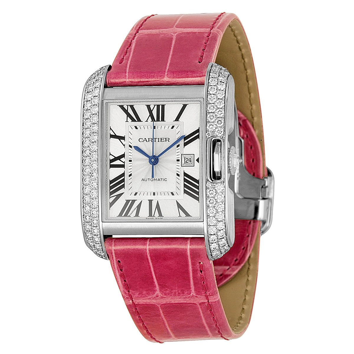 Cartier Tank Anglaise Large 18k White Gold Diamond Bezel Pink Leather Watch WT100018