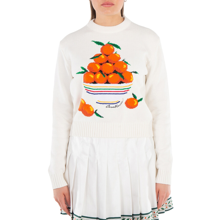 Ladies White Patterned Intarsia-Knit Cotton Jumper, Size Small
