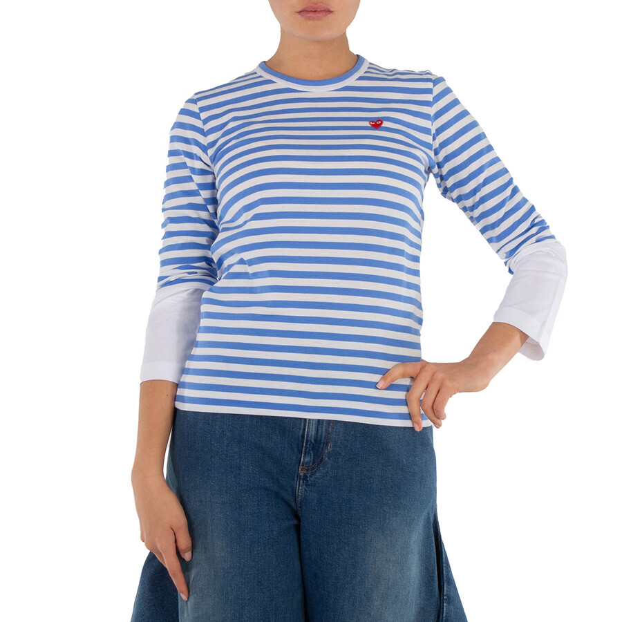 Comme Des Garçons Cdg Play Horizontal-stripe Heart Emblem Long-sleeve T-shirt In Blue