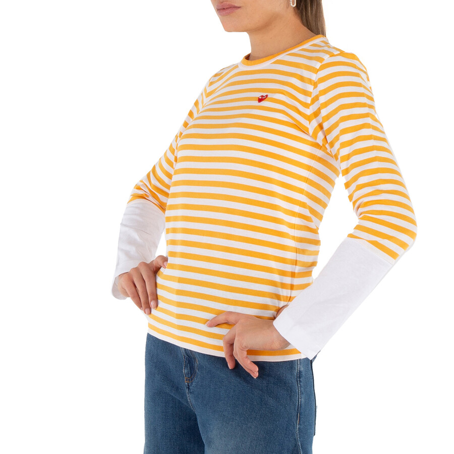 Comme Des Garçons Cdg Play Horizontal-stripe Heart Emblem  Long-sleeve T-shirt In Yellow