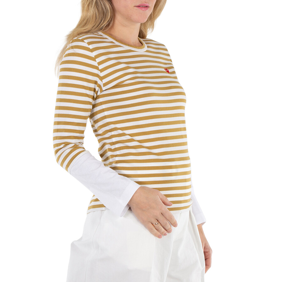 Comme Des Garçons Cdg Play Horizontal-stripe Heart Emblem  Long-sleeve T-shirt In Brown
