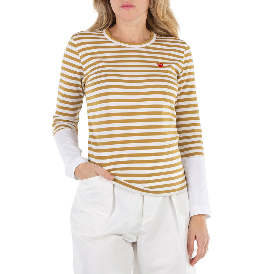 Comme Des Garçons Cdg Play Horizontal-stripe Heart Emblem  Long-sleeve T-shirt In Brown