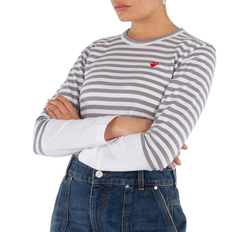Comme Des Garçons Cdg Play Horizontal-stripe Heart Emblem  Long-sleeve T-shirt In Gray