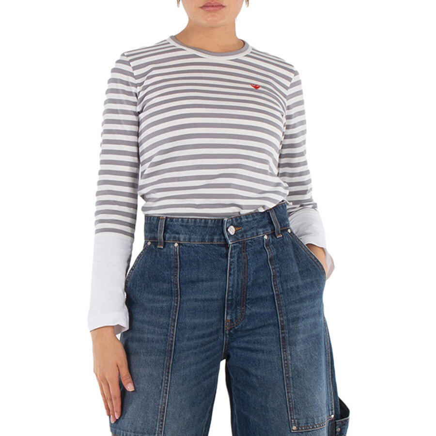 ◆THE MUSEUM VISITOR◆ HEART STRIPE LONG TSHIRT GREY 15649 Comme Des Garçons Play Striped Heart Logo T-shirt | Grey