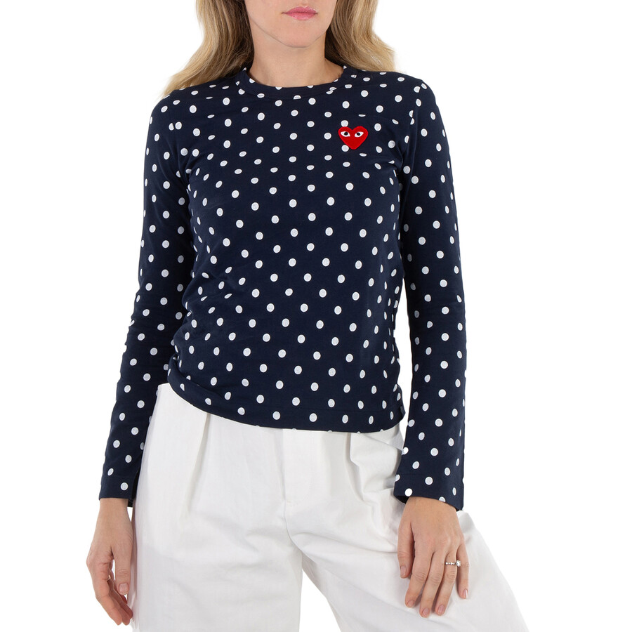 Cdg Play Long Sleeve Polka Dot Heart Embroidered T-Shirt