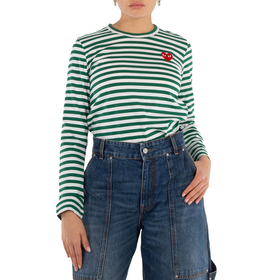 Cdg Play Striped Heart Emblem Long-Sleeve T-Shirt