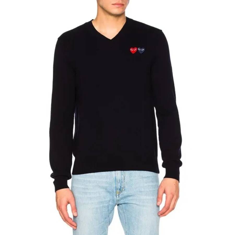 Comme Des Garçons Cdg Play V-neck Double Emblem Wool Sweater In Blue