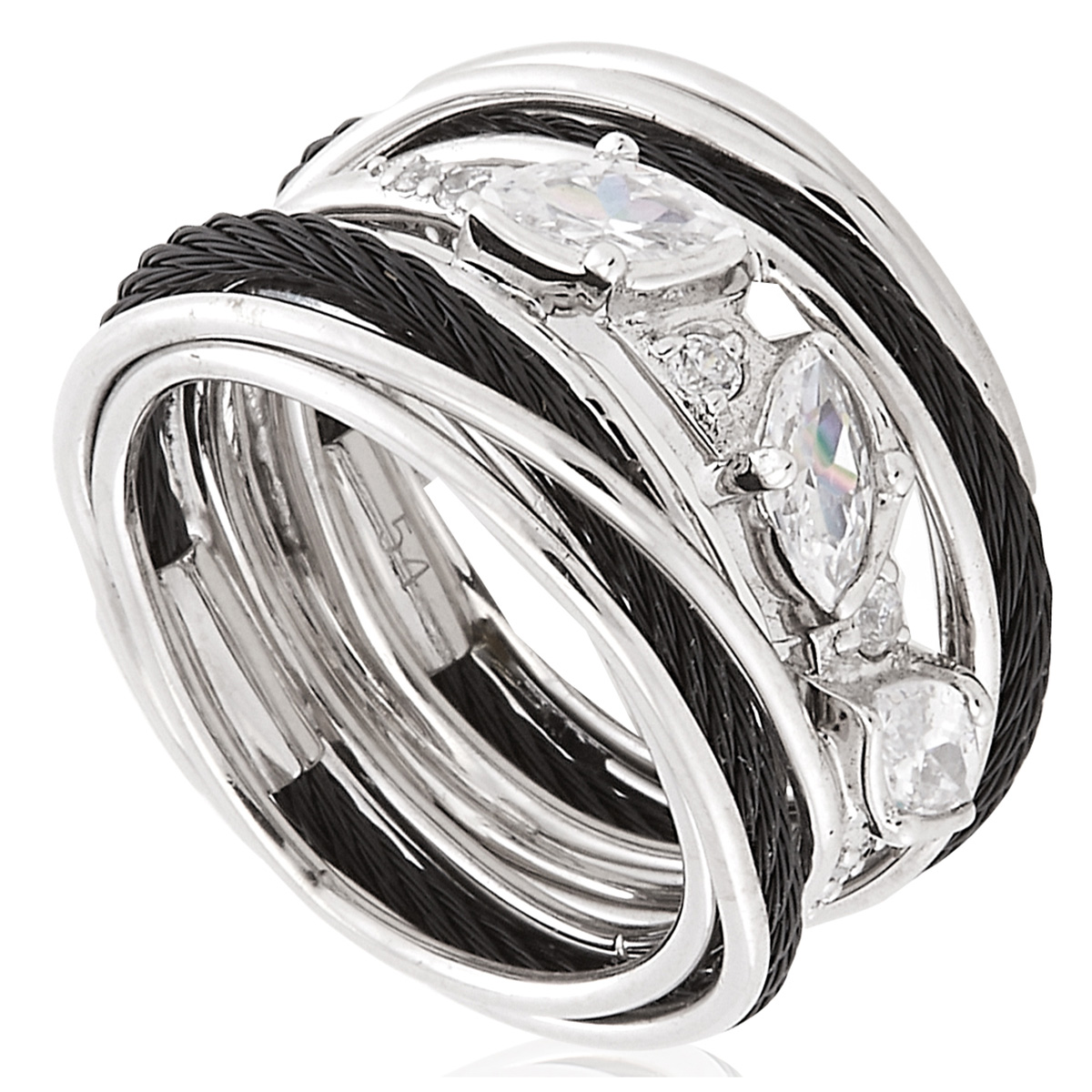 タンゴ(チヨウカーとリング) Charriol Tango White CZ Stones Steel Black PVD Cable Ring, Size 56