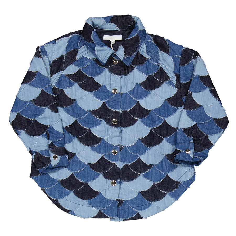 Girls Denim Blue Patchwork Denim Shirt Jacket