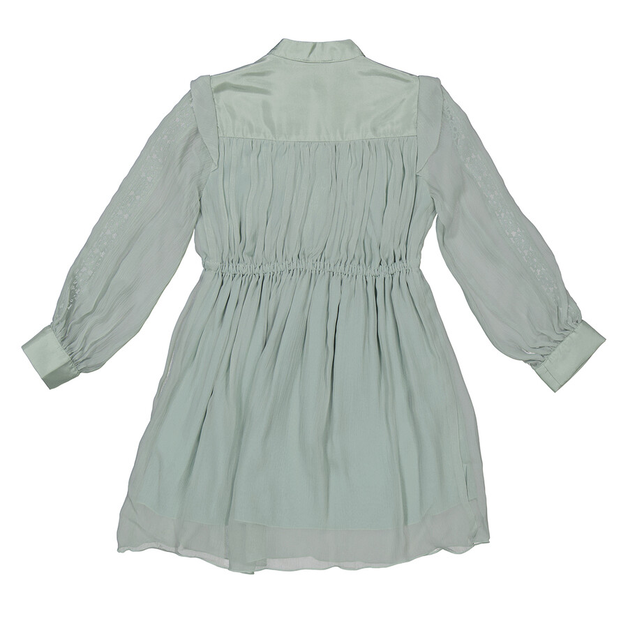 Chloé Chloe Girls Green Lace-trim Long Sleeve Midi Shirt Dress In Green