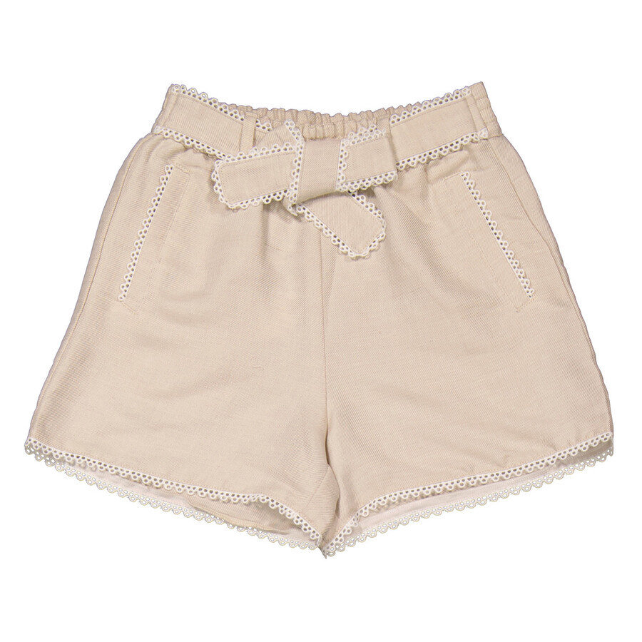 Shop Chloé Chloe Girls Ivory Scalloped Trim Detail Belted Shorts In White