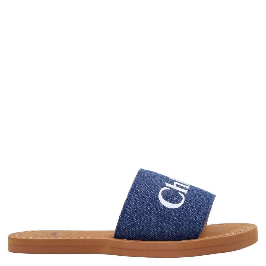 Chloé Chloe Girls Logo-print Denim-strap Slides In Blue