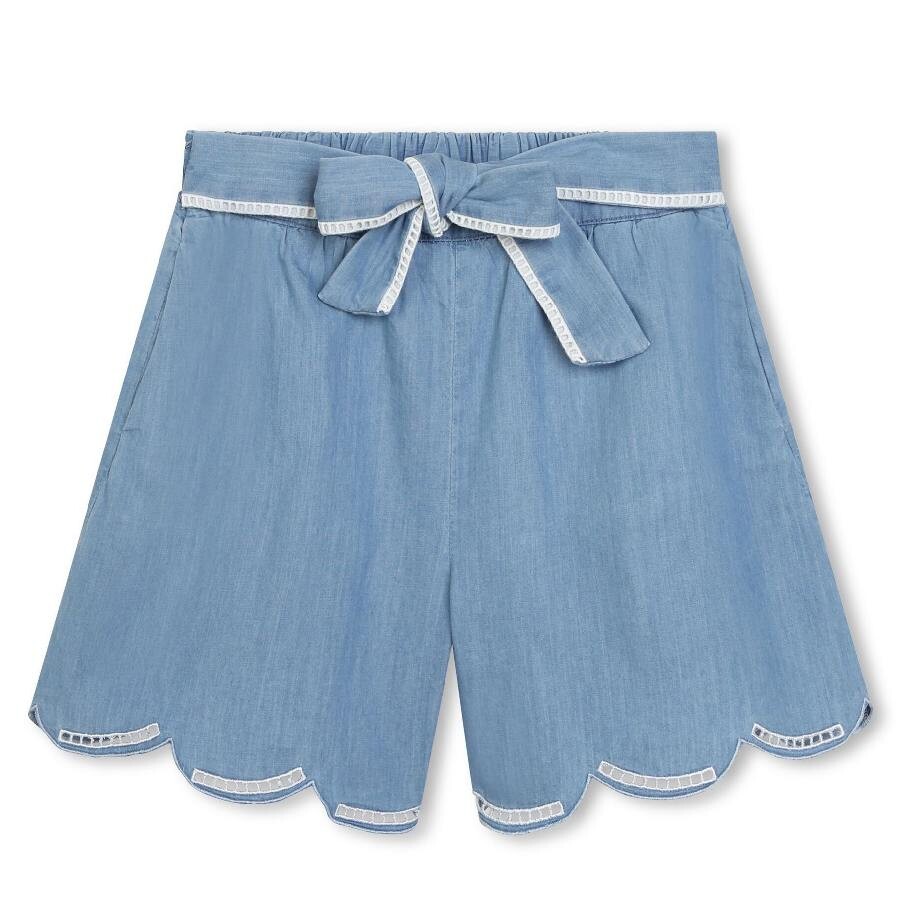 Chloé Chloe Kids Curved Hem Tie-fasten Organic Cotton Shorts In Blue
