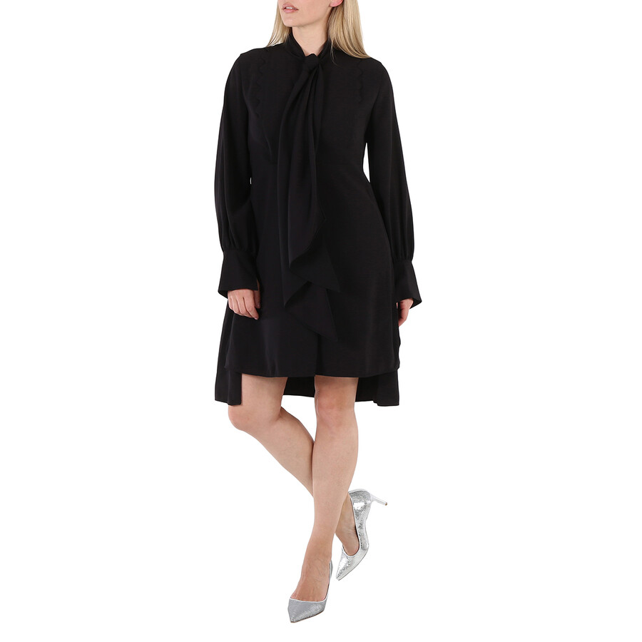Ladies Black Pussy Bow Scallop Shift Dress