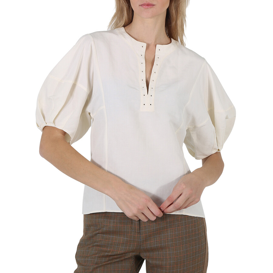 Shop Chloé Chloe Ladies Iconic Milk Linen Silk Canvas Puff-sleeve Blouse