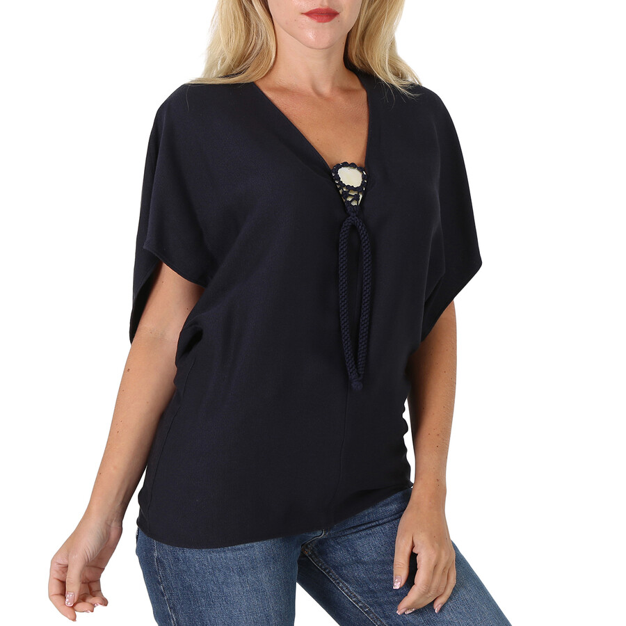 Chloé Chloe Ladies Ink Navy Silk Short Sleeve Top In Blue