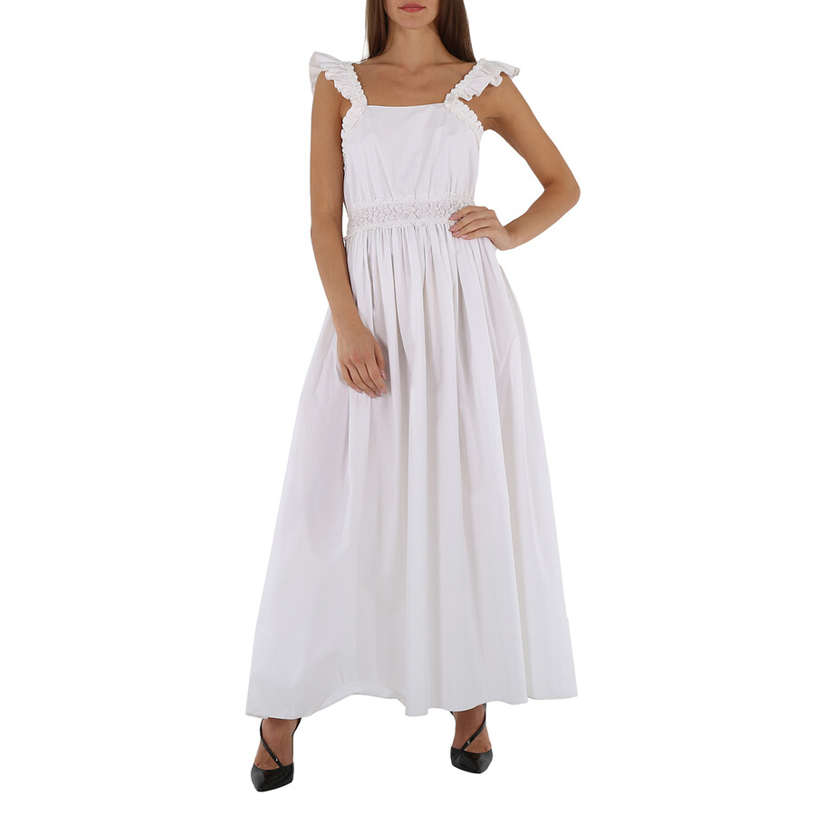 Ladies White Long Sleeveless Dress With Ruches And Ruffles
