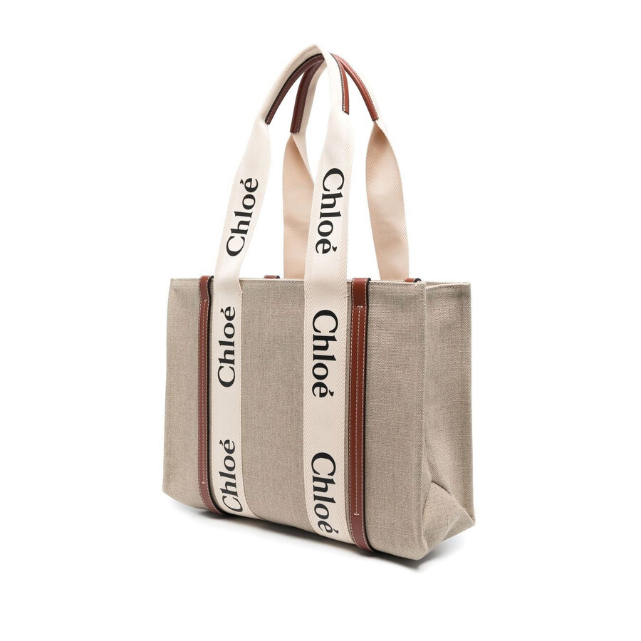 Chloé Chloe Medium Woody Linen Logo Tote Bag In Brown/white