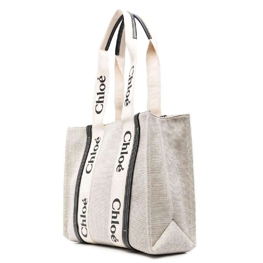 Chloé Chloe Medium Woody Linen Logo Tote Bag In Blue/white